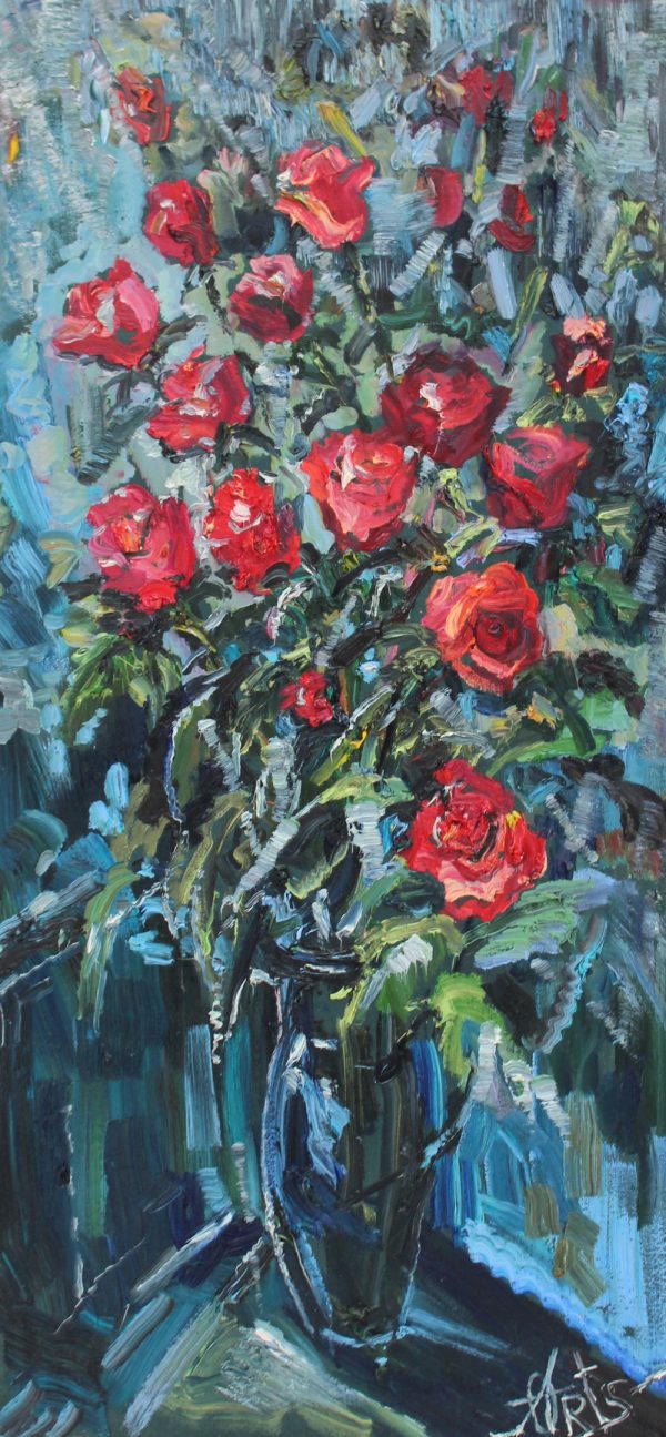 Розы в синей вазе, 125х60, холст, масло, 2017 г.,