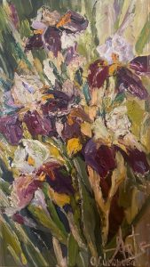 Oльга Симонова, Малиновые ирисы в саду, 70х40, 2021 г., холст, масло