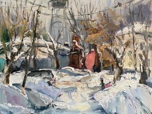 Симонова Ольга, Шуховская башня в пос. Луговая (г.Лобня). Февраль, 80х90, холст, масло, 2026 г.