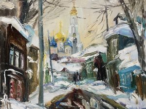 Ольга Симонова, Весенний снег. Улочки Сергиева-Посада, 90х100, холст, масло, 2026 г.