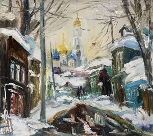 Ольга Симонова, Весенний снег. Улочки Сергиева-Посада, 90х100, холст, масло, 2026 г.